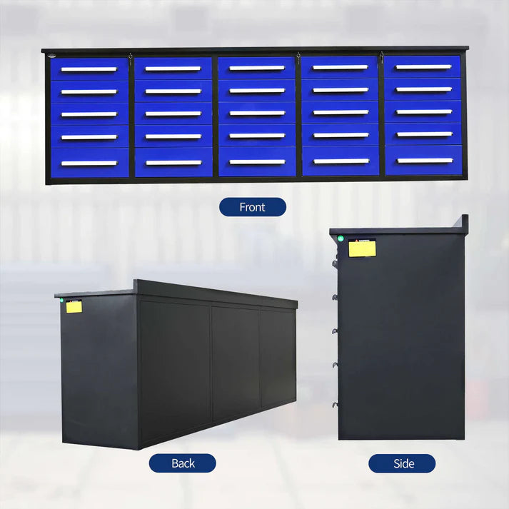 Front back and side views of Chery Industrial 10 foot garage storage cabinet