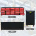 Front back and side views of a 10ft 25 drawer rolling workbench by Chery Industrial shown in one graphic