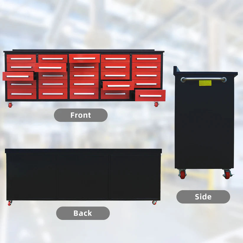 Front back and side views of a 10ft 25 drawer rolling workbench by Chery Industrial shown in one graphic