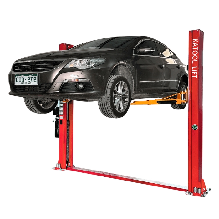 Front right side view of the Katool H100 Auto Lift holding up a car