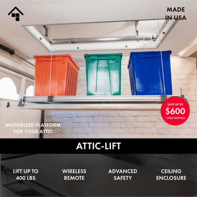 Front side view fothe The Motorized Attic-Lift will 3 totes on top