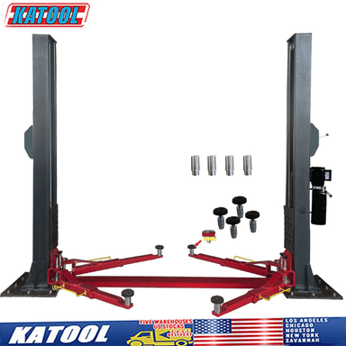 Front side view of the Katool 12,000 lb Two-Post Auto Lift – Single Lock Release  H120D with additional parts