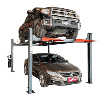 Front side view of the Katool 4H110 11000lb Four-Post Car Lift holding a trucking and having a car beneath