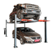 Front side view of the Katool 4H110 11000lb Four-Post Car Lift holding a trucking and having a car beneath