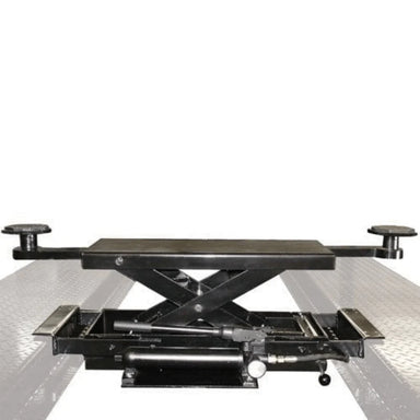 Front view of Atlas XH-PROJACK35 rolling bridge jack for 4-post lifts, featuring hydraulic design and adjustable lift pads.