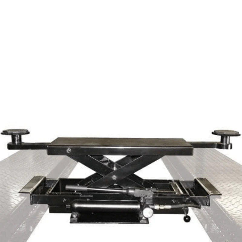 Front view of Atlas XH-PROJACK35 rolling bridge jack for 4-post lifts, featuring hydraulic design and adjustable lift pads.