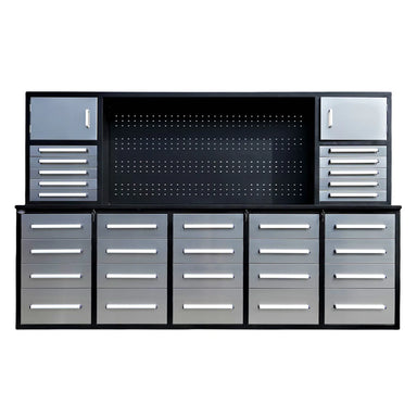 Front view of Chery Industrial 10 foot tool storage workbench cabinet featuring 30 drawers, upper cabinets, and pegboard back