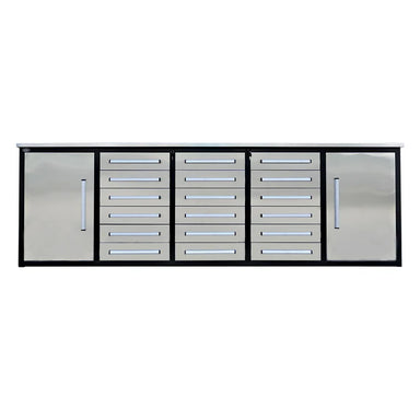 Front view of Chery Industrial 10ft stainless steel workbench with 18 drawers and dual storage cabinets