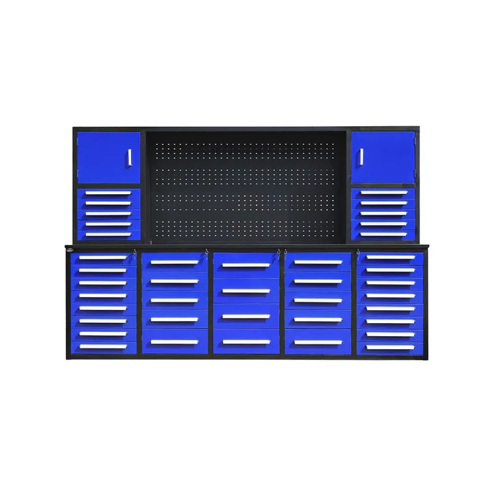 Front view of Chery Industrial 10ft workbench cabinet with 40 drawers in blue finish