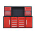 Front view of Chery Industrial 7 foot garage workbench storage cabinet with red doors, tool drawers, and center pegboard