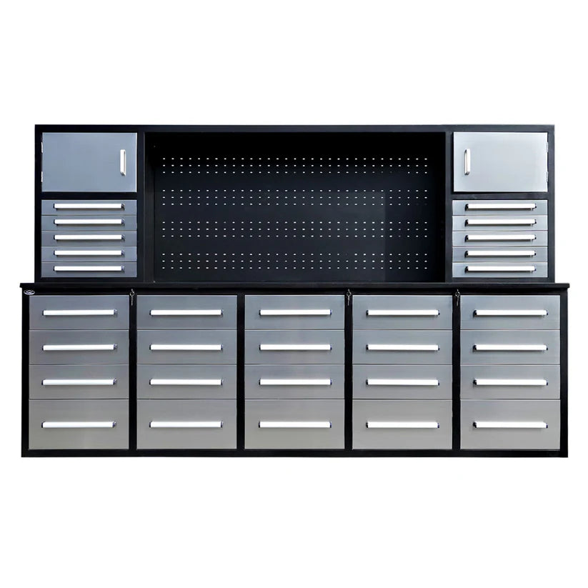 Front view of Chery Industrial 9.5ft tool storage workbench with 30 drawers and center pegboard