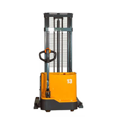 Front view of EKKO EB13C-138 full powered straddle stacker with ergonomic control handle