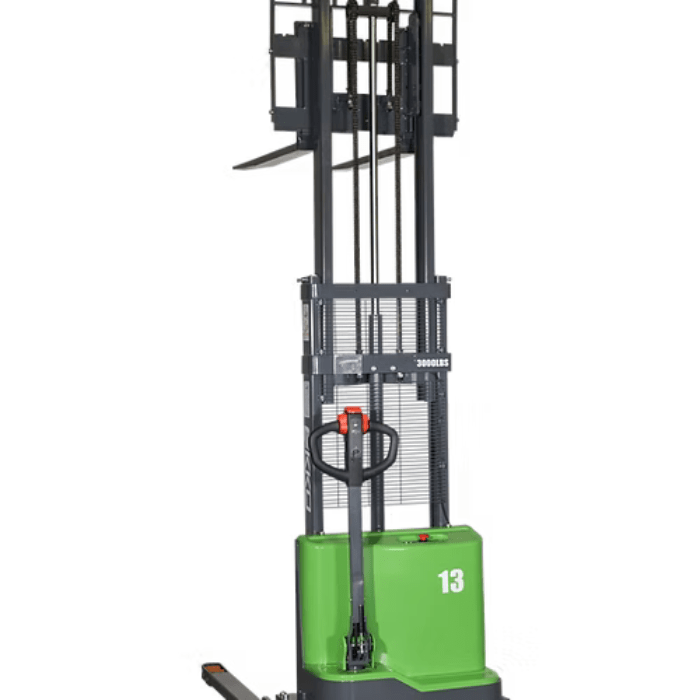 Front view of EKKO EB13C-145Li high-lift electric straddle stacker with 145 inch reach