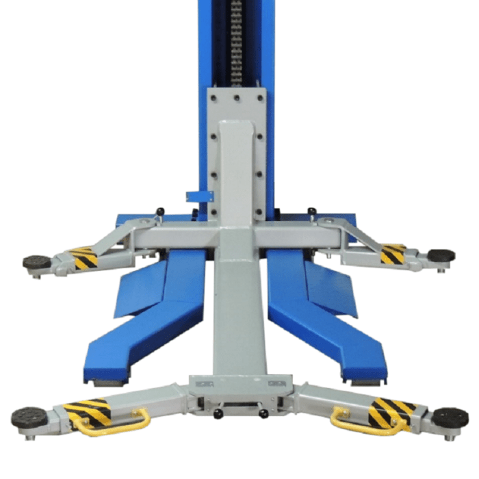 Front view of iDEAL 6000 lb single post lift swing arms and base platform