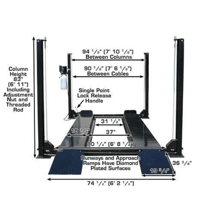Front view of the Atlas PRO8000 Four-Post Lift showing detailed platform and column measurements, single-point lock release, and diamond-plated approach ramps for enhanced traction and safety.