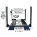 Front view of the Atlas PRO8000 Four-Post Lift showing detailed platform and column measurements, single-point lock release, and diamond-plated approach ramps for enhanced traction and safety.