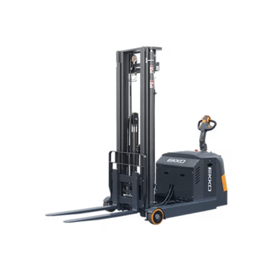 Front view of the Ekko EH15T Walkie Reach Truck with 138″ lift height and dual mast system, designed for compact warehouse maneuverability.