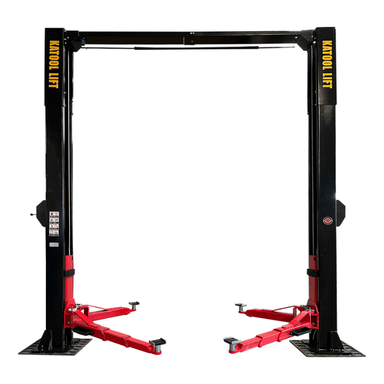 Front view of the Katool KT-M150D 15,000 lb two post vehicle lift with red symmetric arms and clear-floor overhead bar.