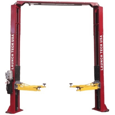 Front view of the Launch TLT240SC-R 9,000 lb Asymmetric 2 Post Lift with clear floor design, featuring angled arms and overhead bar for unobstructed workspace access.