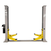 Front view of the Triumph NT-9 two-post car lift featuring yellow arms and overhead cable design for efficient auto repair access