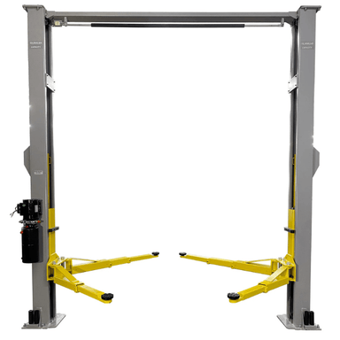 Front view of the Triumph NTO-10A Two-Post Auto Lift showcasing dual columns, symmetric yellow lifting arms, and an overhead cable for high-clearance vehicle service.