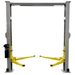 Front view of the Triumph NTO-10A Two-Post Auto Lift showcasing dual columns, symmetric yellow lifting arms, and an overhead cable for high-clearance vehicle service.