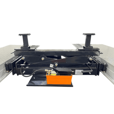 Front view of the Triumph RJ-15000 Bridge Jack mounted on a four-post lift, featuring a bright orange hydraulic pump, scissor-lift arms, and adjustable pads for high-capacity vehicle support.