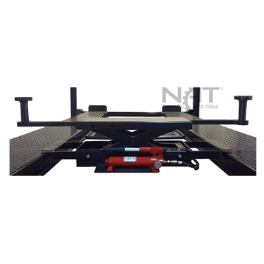 Front view of the Triumph SJ35 Rolling Bridge Jack positioned on a four-post lift, featuring a red hydraulic cylinder and adjustable lift pads.