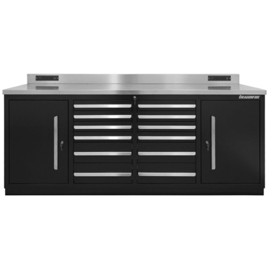 Front view of the black Dragonfire Pro Series 7FT workbench with 12 drawers and dual locking side cabinets, DFT-WB-12