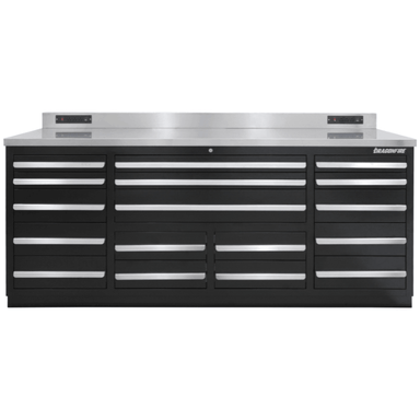 Front view of the black Dragonfire Pro Series 7FT workbench with 17 drawer layout and stainless top (DFT-WB-17)