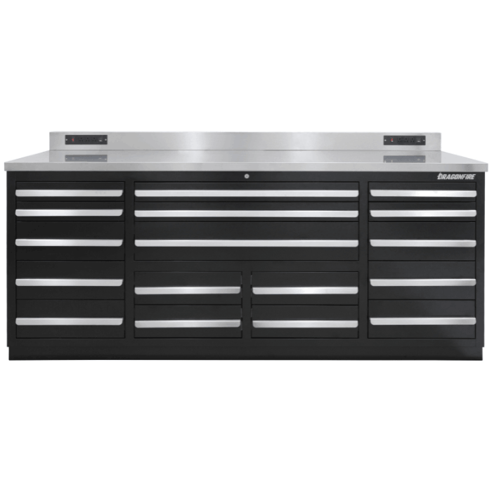Front view of the black Dragonfire Pro Series 7FT workbench with 17 drawer layout and stainless top (DFT-WB-17)