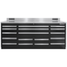 Front view of the black Dragonfire Pro Series 7FT workbench with 17 drawer layout and stainless top (DFT-WB-17)