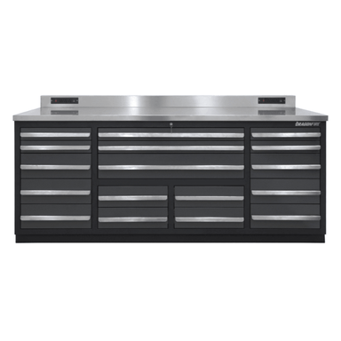 Front view of the gray Dragonfire Pro Series 17 drawer 7FT workbench with stainless backsplash and wide drawer layout (DFT-WB-17)