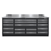 Front view of the gray Dragonfire Pro Series 17 drawer 7FT workbench with stainless backsplash and wide drawer layout (DFT-WB-17)