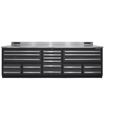 Front_view_of_the_gray_Dragonfire_Pro_Series_DFT-WB-20_showing_20_drawers_wide_top_drawers_and_stainless_steel_work_surface