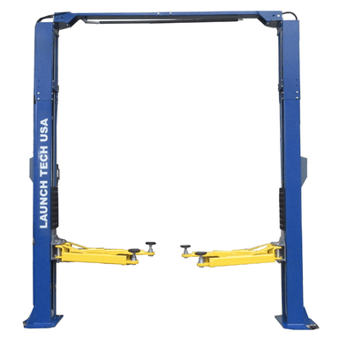 Full front view of the Launch TLT210-XT 10K Clear Floor 2 Post Lift, featuring blue columns, yellow arms, and overhead bar for maximum shop clearance and heavy-duty lifting.