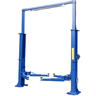 Full view of Tuxedo TP15KCX 15,000 lb 2 post symmetric car lift with clear-floor design.