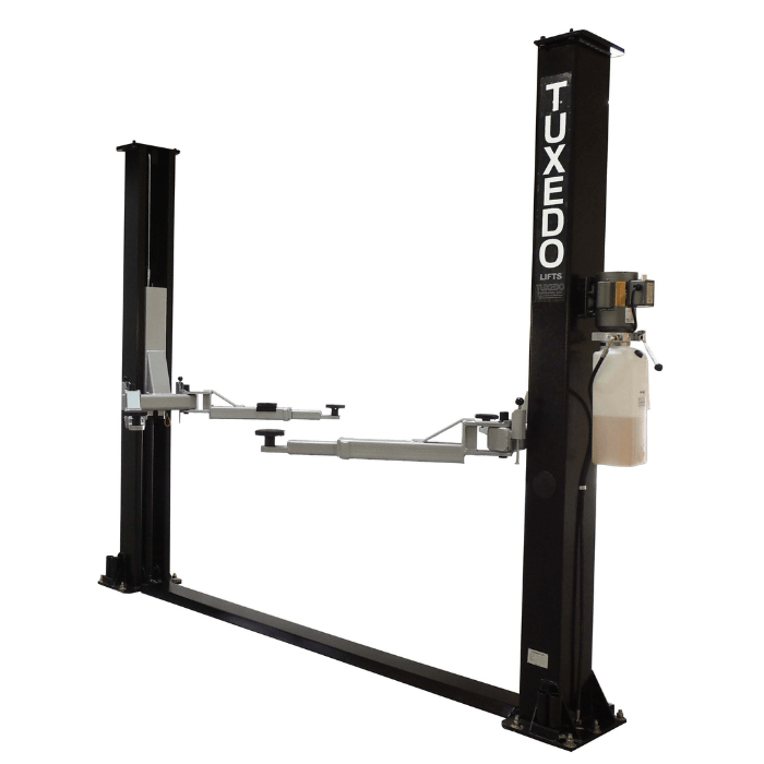Full view of Tuxedo TP9KF-TUX 2 post symmetric car lift with floor plate