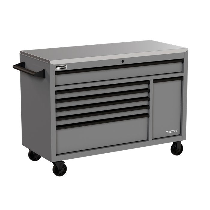 Homak 54" TECH 7-Drawer Rolling Workstation w/ Stainless Steel Top in Battleship Gray