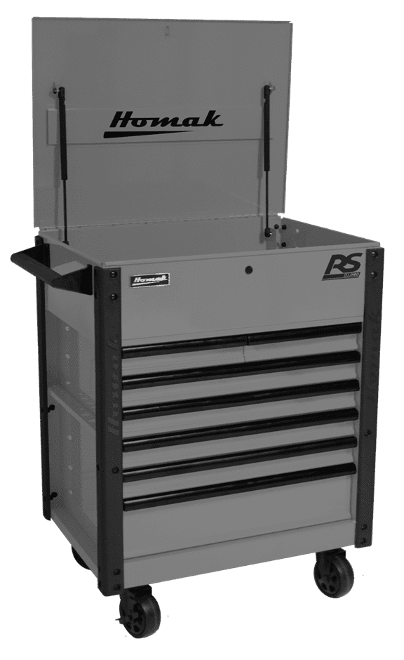 Homak 35 inch RS Pro 7-Drawer Cart with flip-top lid open showing lid workspace and drawer stack