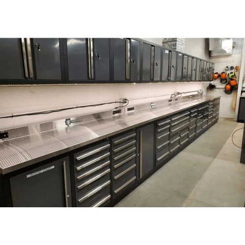 Garage setup photo with Dragonfire DFT-WB-18 9 foot workbench and matching storage cabinets installed