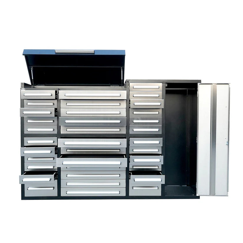 Garage tool cabinet showing multiple drawers open and lift-up top compartment from Chery Industrial