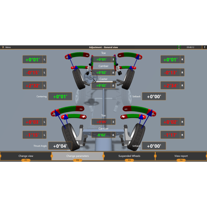 General view of iDEAL 3D wheel aligner with camber, caster, and toe angle adjustments displayed