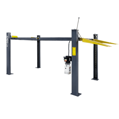 Gray AMGO 407-P 4 post car parking lift with elevated platform and hydraulic power unit for garages