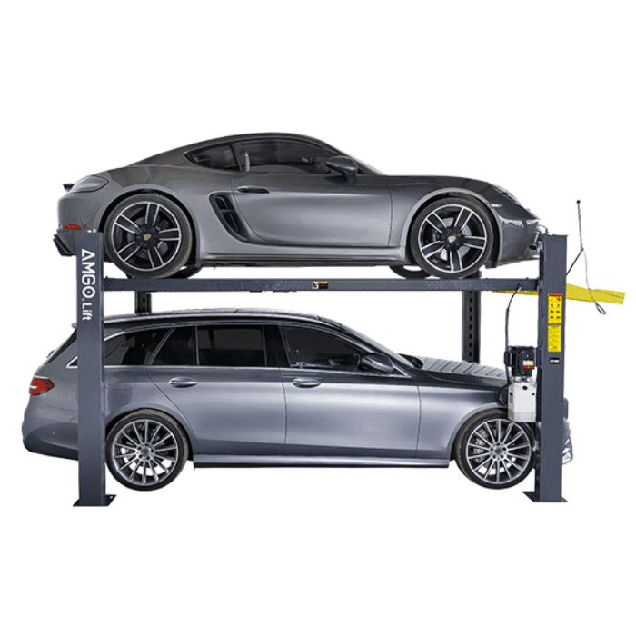 Gray AMGO 408-HP 4 post car storage lift with hydraulic power unit, pictured with two vehicles stacked