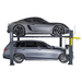Gray AMGO 408-HP 4 post car storage lift with hydraulic power unit, pictured with two vehicles stacked