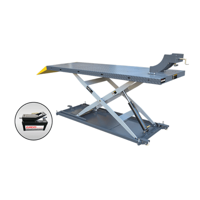 Gray AMGO MC-1200P 1,200 lb powersports lift table with pneumatic hydraulic pump, pictured with wheel chock and ramp