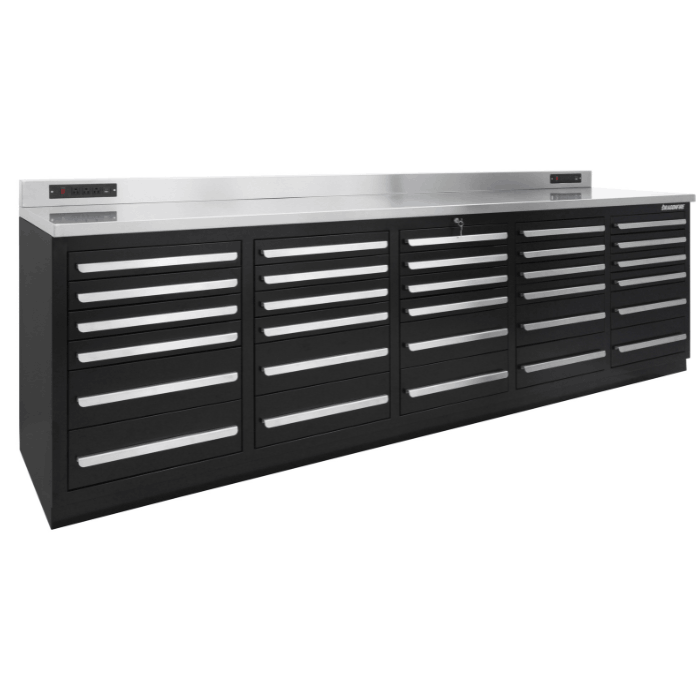 Gray Dragonfire DFT-WB-30 30 drawer 9 foot shop workbench with stainless worktop