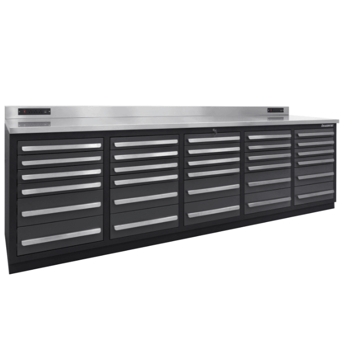 Gray Dragonfire Pro Series 9ft workbench with 30 drawers and stainless top DFT-WB-30