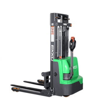 Green Ekko EB12E-98Li walkie stacker showing reinforced steel chassis and integrated lithium iron phosphate battery pack